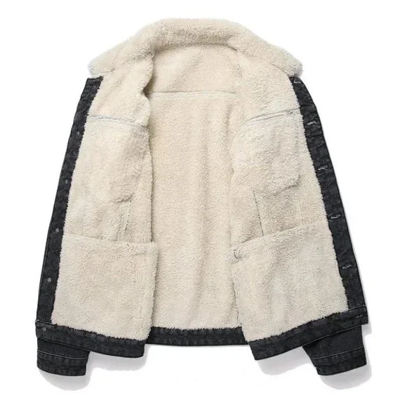 Grey And White Teddy Mens Denim Jacket - Picture 3 of 5